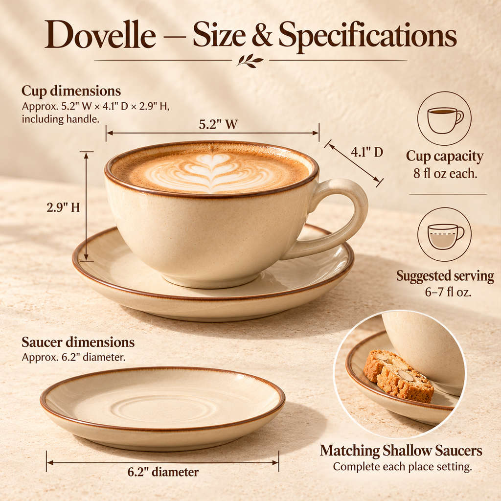LORQEVFT™ Dovelle Cappuccino Cup and Saucer Set of 2 — 8 fl oz Wide Ceramic Coffee Cups