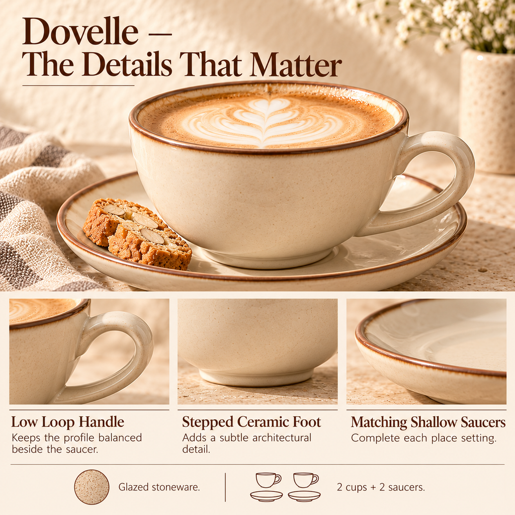 LORQEVFT™ Dovelle Cappuccino Cup and Saucer Set of 2 — 8 fl oz Wide Ceramic Coffee Cups