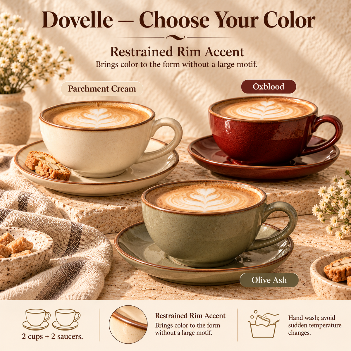 LORQEVFT™ Dovelle Cappuccino Cup and Saucer Set of 2 — 8 fl oz Wide Ceramic Coffee Cups