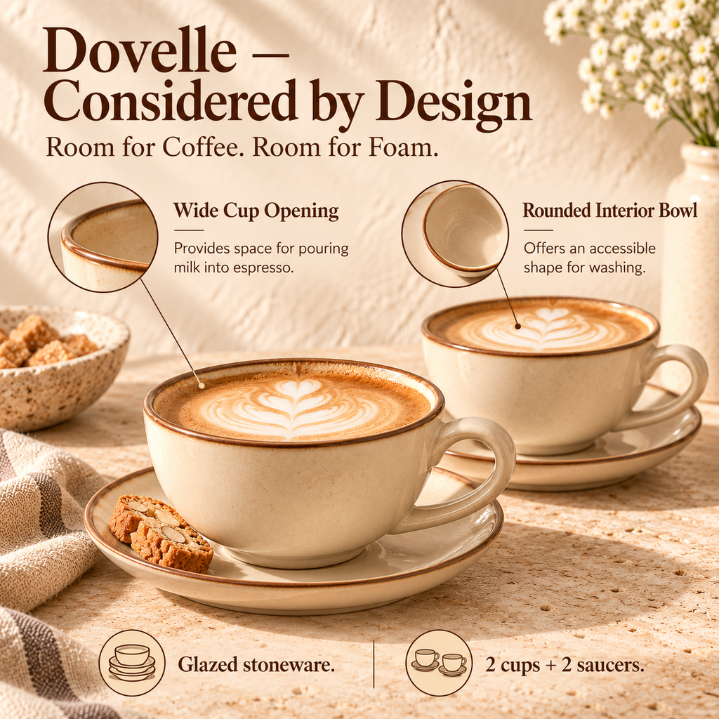 LORQEVFT™ Dovelle Cappuccino Cup and Saucer Set of 2 — 8 fl oz Wide Ceramic Coffee Cups